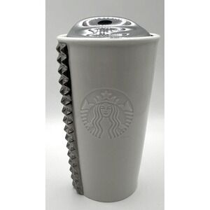 Starbucks 2014 Triangle Studded Ceramic Travel Tumbler 10oz White Silver Lid